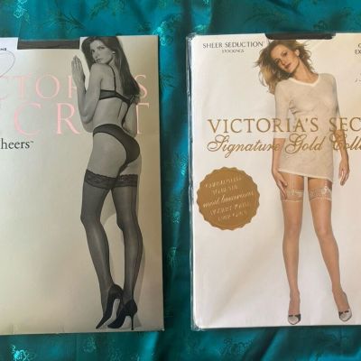 Vtg Victorias Secret Black Sheer Lace Top Thigh High Stockings XS ~ Two Pair ~